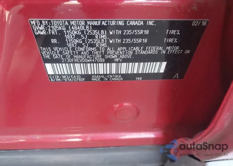 2016 Toyota Rav4 Limited z USA, uszkodzony, nr VIN 2T3DFREV0GW447099